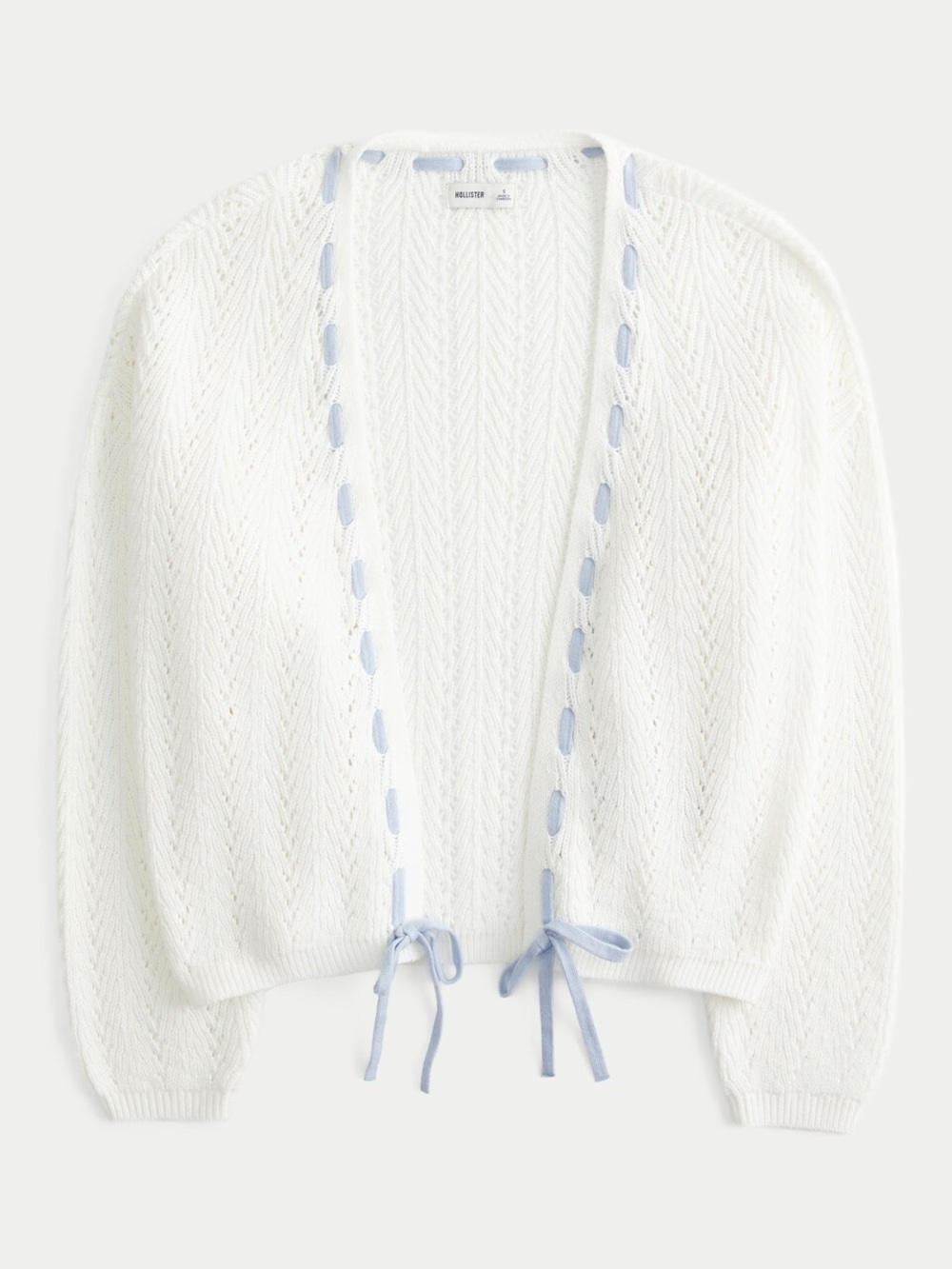 Hollister White Openwork Knit Cardigan with Light Blue Ribbon Ties